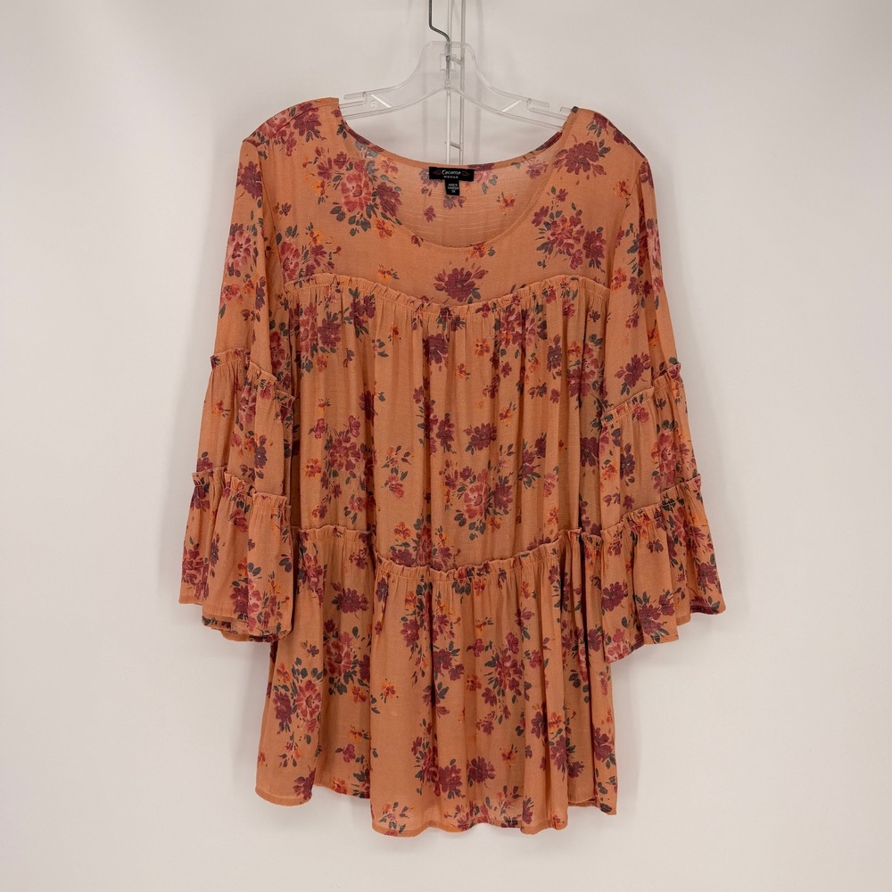Cocomo Woman Tunic Top Womens 1X Orange Floral Tiered Bell Sleeve Boho Peasant
